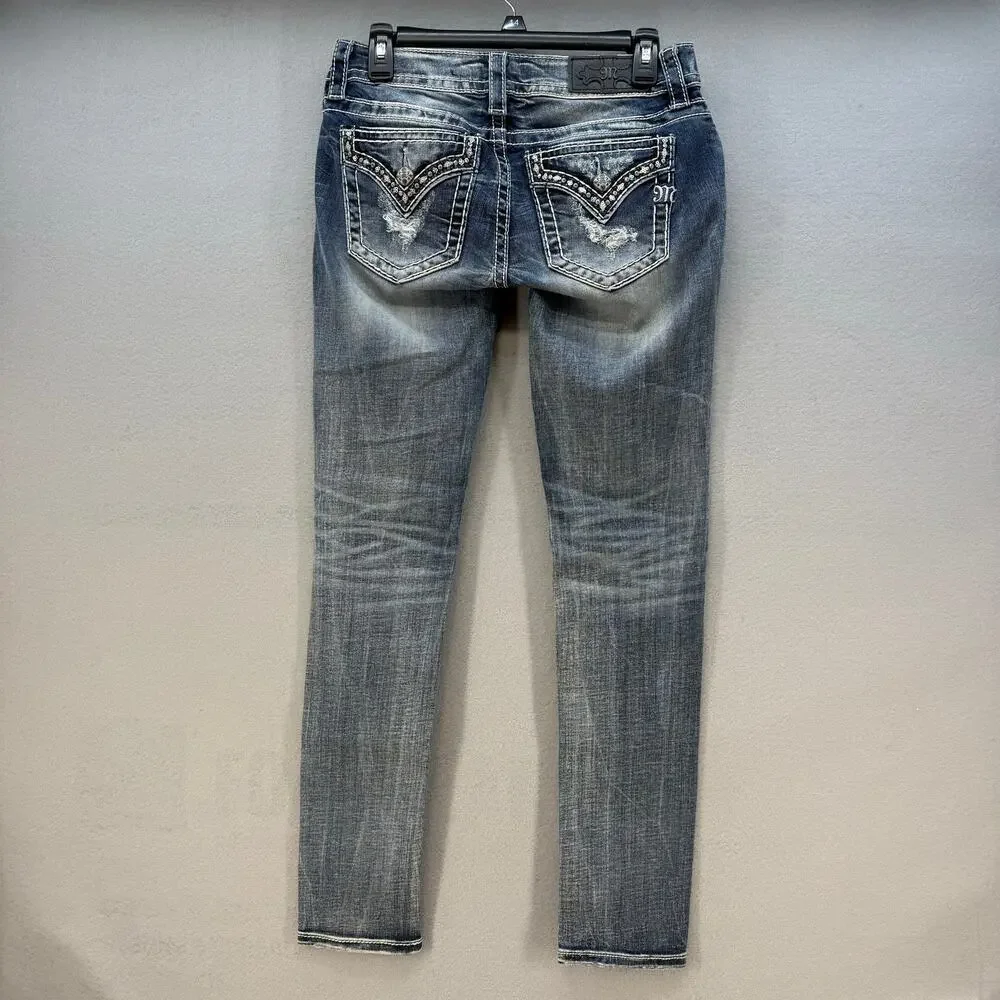 Miss Me Jeans Women's 27x31 Blue Signature Skinny Mystic Embellished Preppy - Picture 2 of 12
